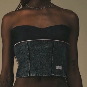 🆕Dawang Denim + Brocade Patch Tube Top Black Denim Strapless Top XS🆕